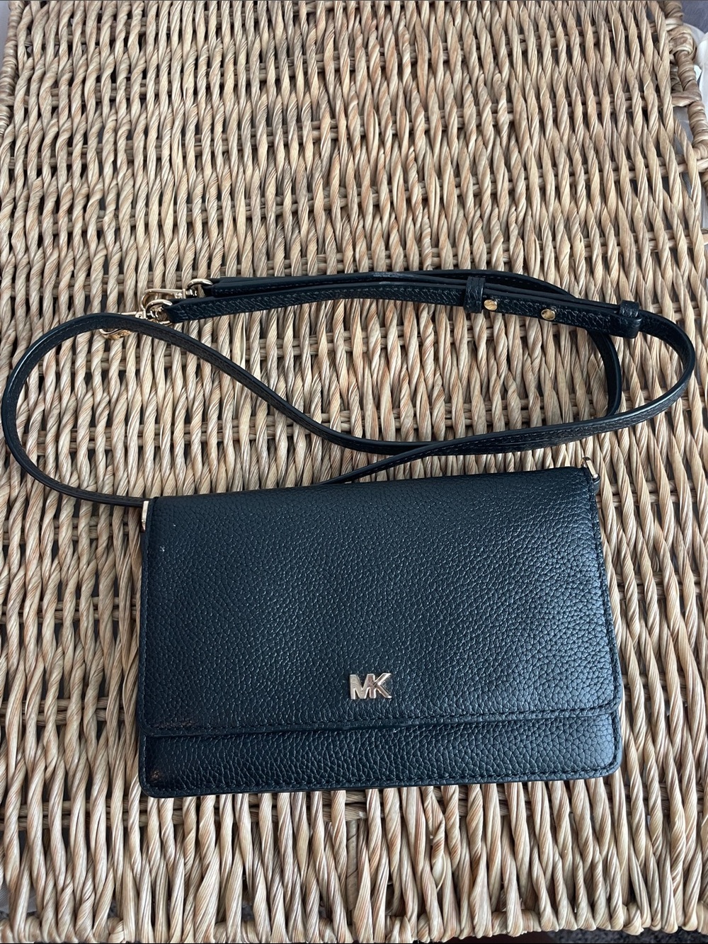 Michael Kors Black Pebbled Leather Crossbody Wallet with Gold Hardware